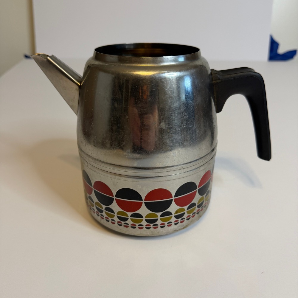 Vintage FISSLER MCM Stainless Steel Teapot Geo Circle Pattern Red Blk Yellow